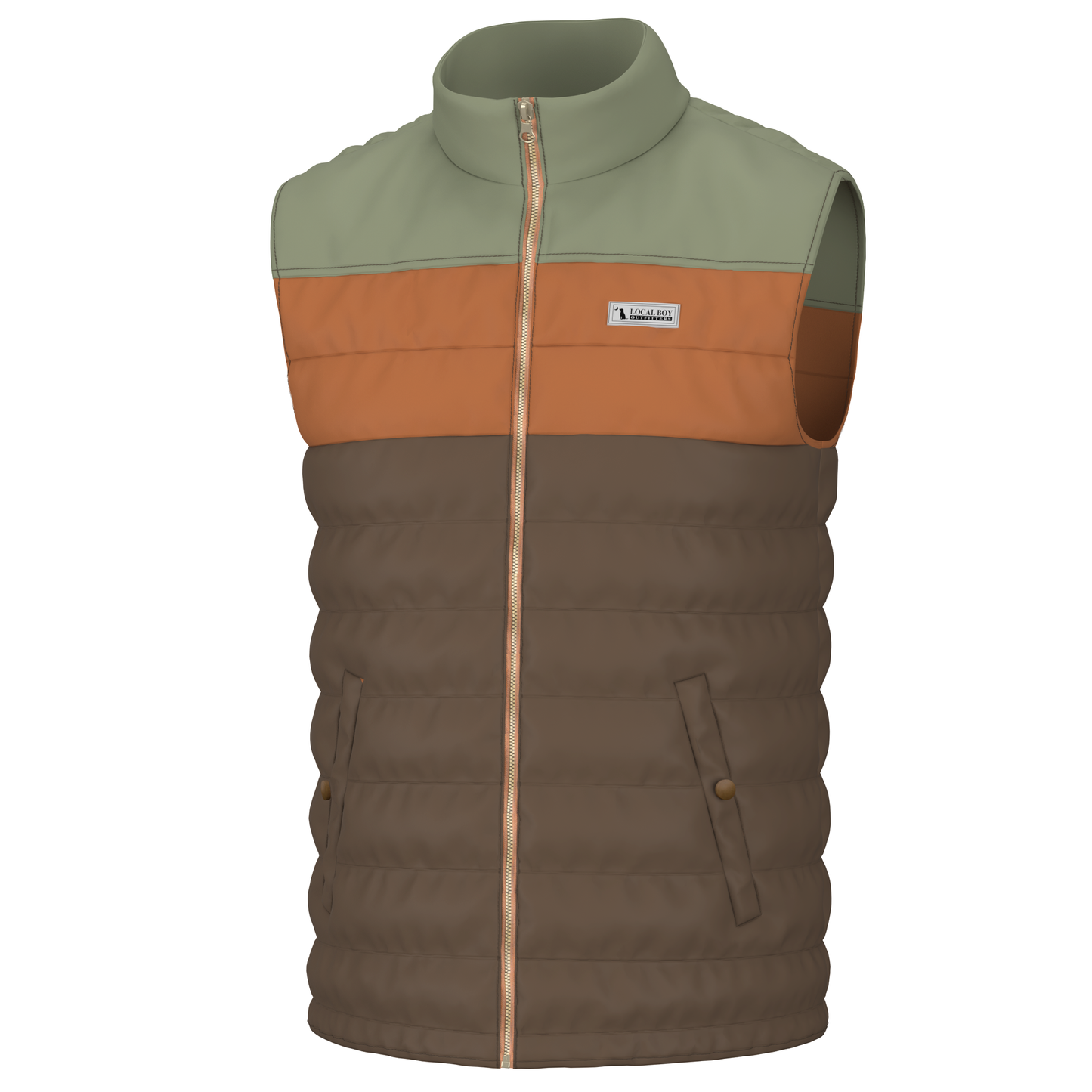 Tri-Color Puffer Vest - Olive / Rust / Brown