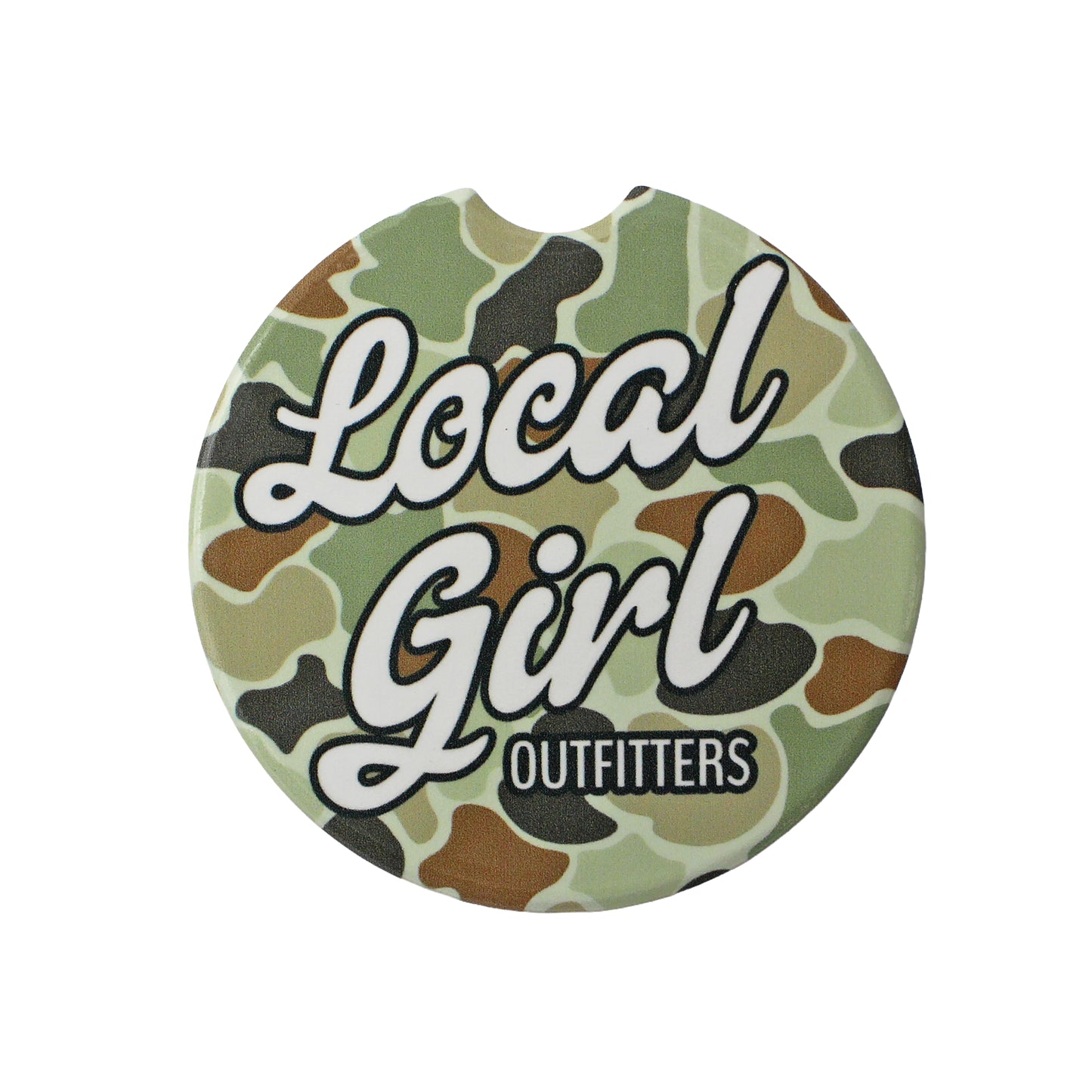 Local Girl Stacked Cursive Charm Car Coaster - Forest Camo Flora