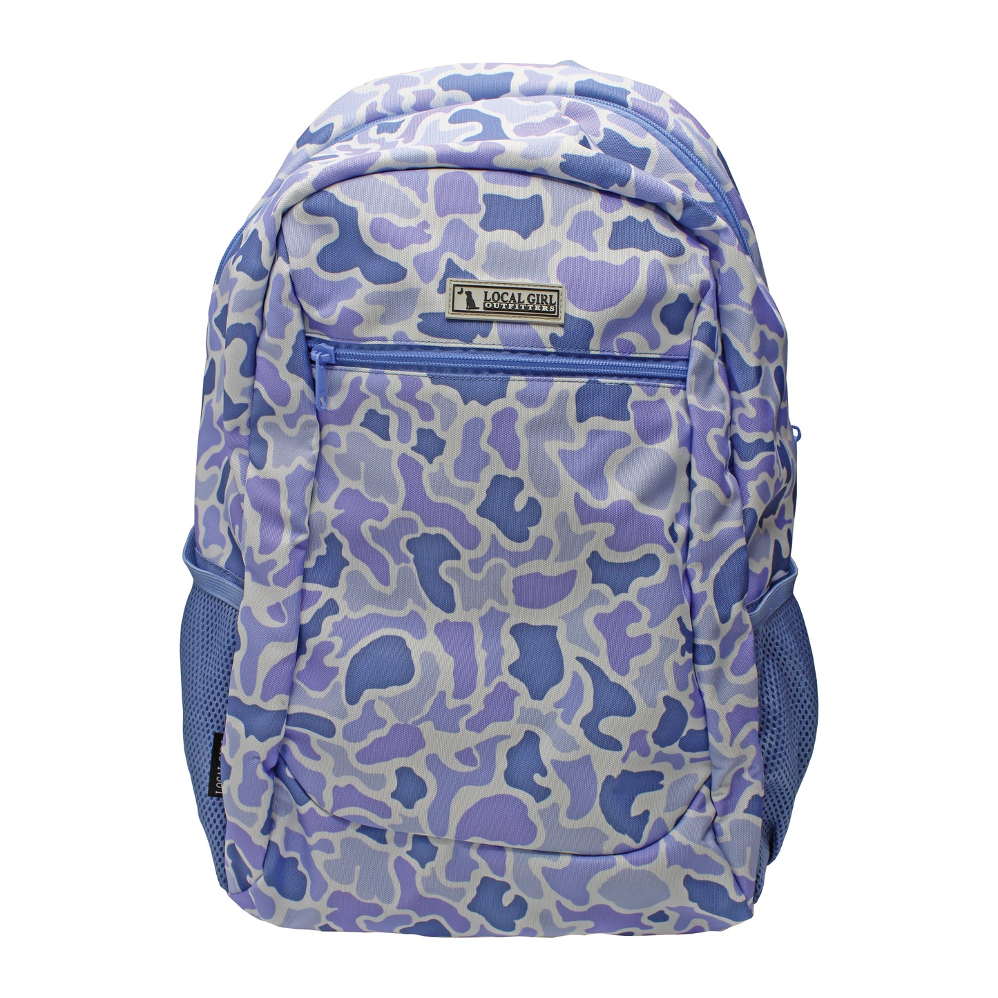 Purple camouflage backpack with a visible brand logo on a white background