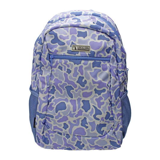 Purple camouflage backpack with a visible brand logo on a white background