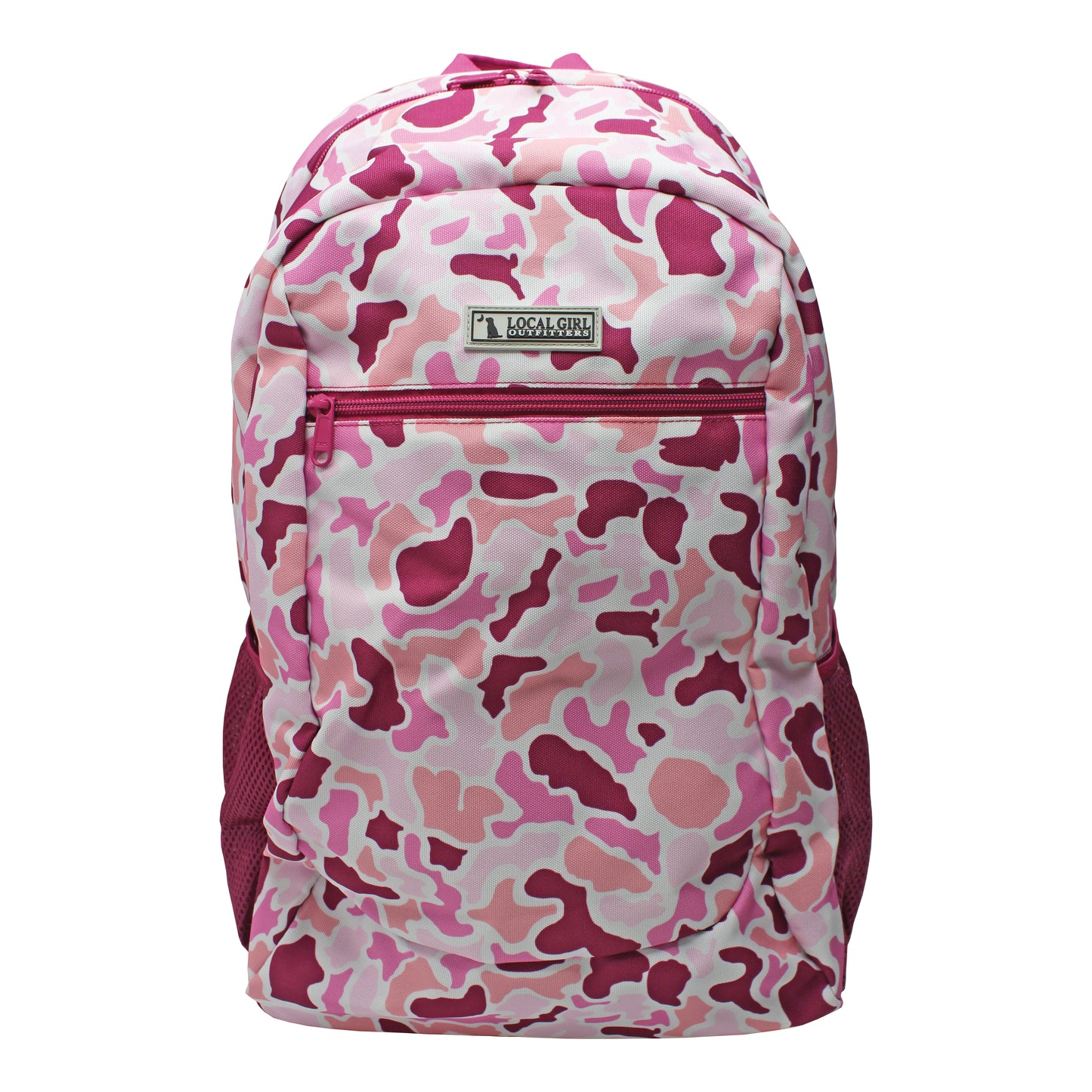 Pink camouflage backpack on a white background