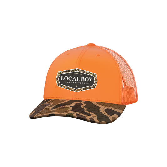 Vintage Emblem Trucker Hat - Orange/Orange/Old School Camo