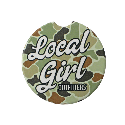 Local Girl Stacked Cursive Charm Car Coaster - Forest Camo Flora
