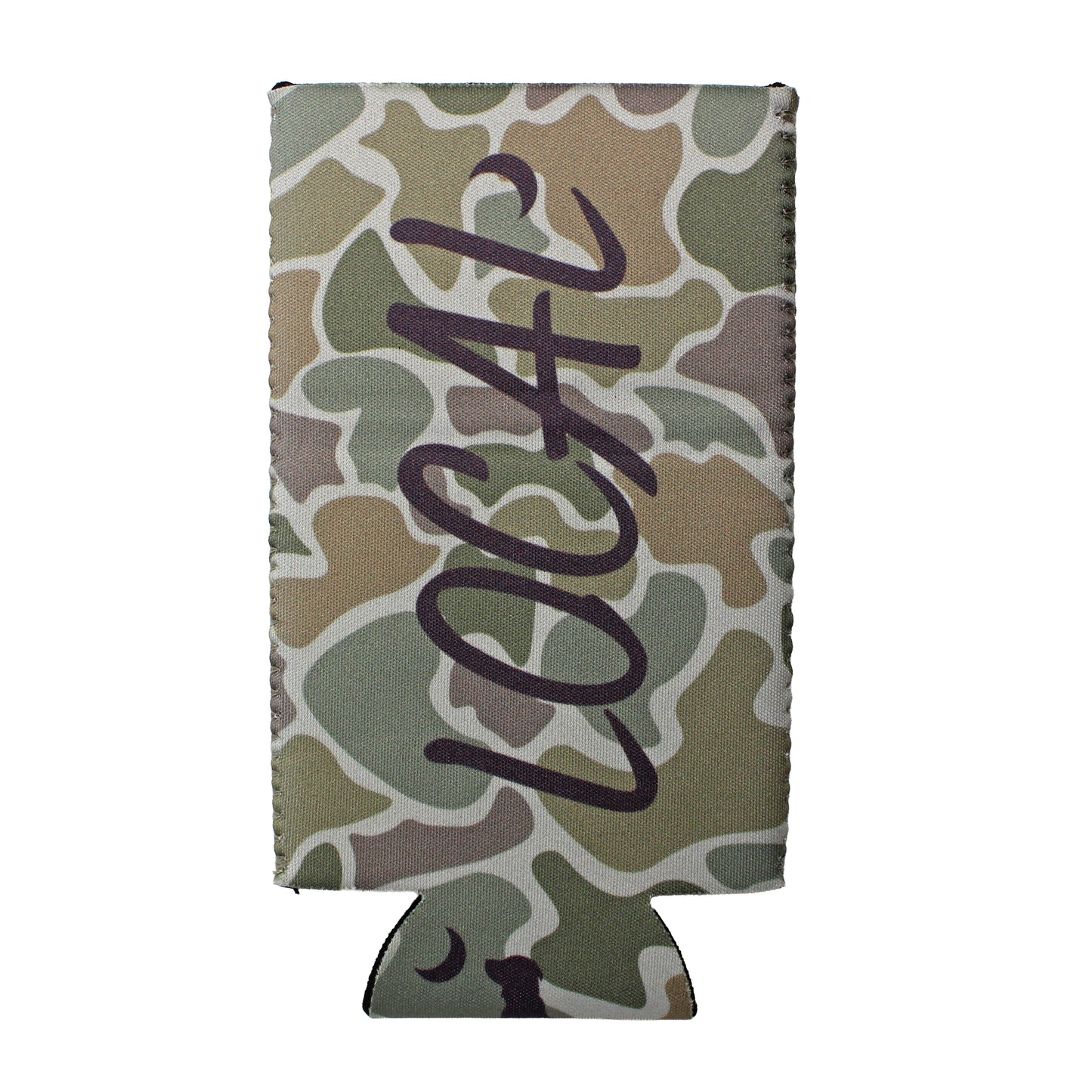 Local Girl Slim Can Koozie Local Marker - Forest Camo Desert