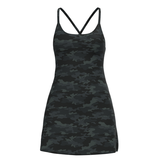 Multicam | Women’s black camo dress with built-in bra, moisture-wicking fabric, and a supportive, comfortable fit for active wear