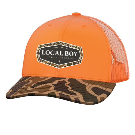 Vintage Emblem Trucker Hat - Orange/Orange/Old School Camo